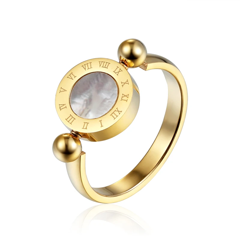Klassisches Design kann gedreht werden, Emaille und Muschel, römische Ziffer, schöner Damenring, Edelstahl-Markenring, Schmuck für Frauen Image