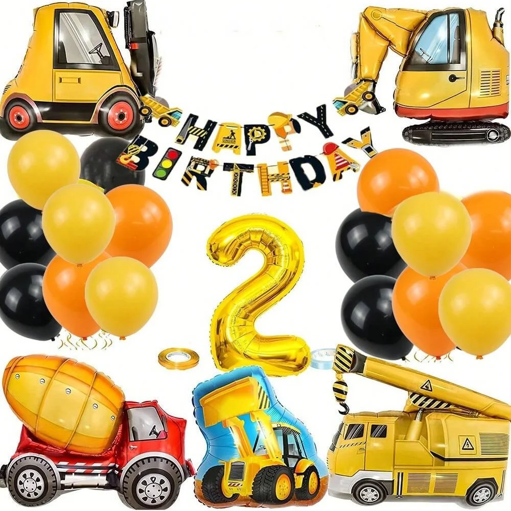22 Stück Bagger, Traktortechnik Fahrzeug Ballon Nummer 1 ~ 9 Luftballons Technik Fahrzeug Flagge Geburtstag Banner Dekoration Image