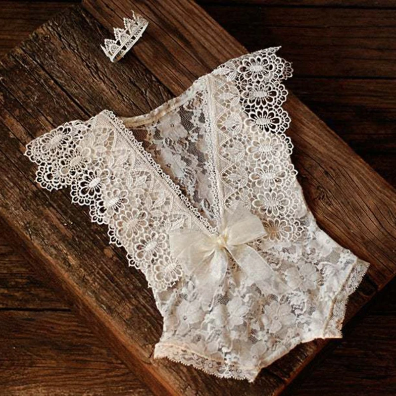 2 pcs 0-1 Monat Neugeborene Fotografie Requisiten Baby Stirnband Spitze Stram pler Body suits Outfit Mädchen Kostüm Fotoshooting Kleidung süß Image