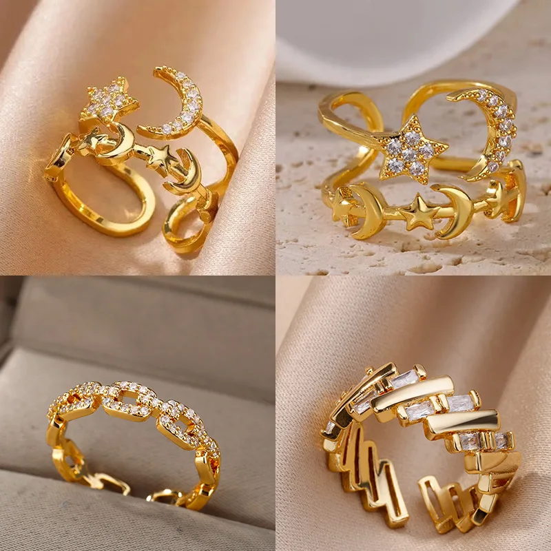 Zirkon Stern Mond Ringe Für Frauen Gold Farbe Einstellbare Edelstahl Mond Sterne Ring Hochzeit Ästhetischen Partei Schmuck Geschenk BFF