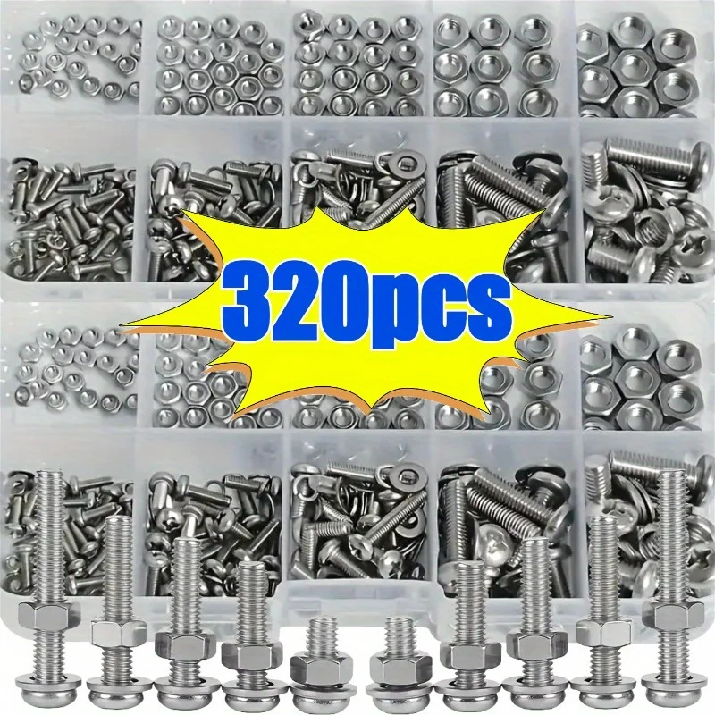 Sechskantmuttern- und Schraubenset - 320 Stück/120 Stück, langlebige metrische Größen M2 - M5, universelles Hardware-Kit für DIY-Projekte und Reparaturen. Image