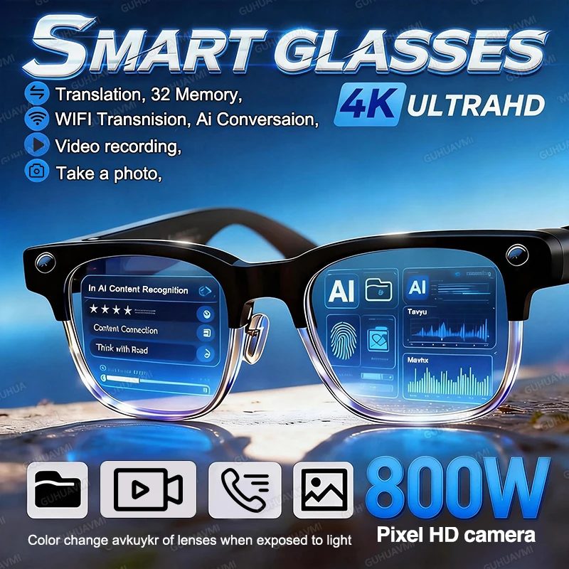 2026 Neue 800W Pixel-Kamera Smart-Brille für Herren mit Videoaufnahme, KI-Fotoerkennung, Bluetooth-Anruf, Sprachübersetzung, Sonnenbrille für Männer Image