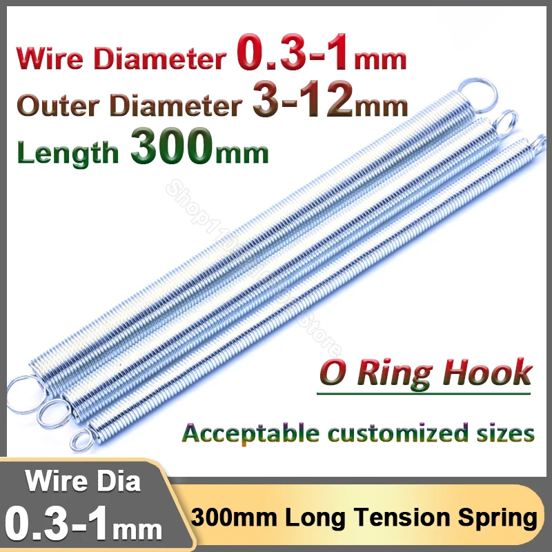 Länge 300 mm, verzinkte Zugfeder, erweiterbare Verlängerungsfeder, Doppelschlaufe, Dehnfeder, O-Ring-Haken, Drahtdurchmesser 0,3–1 mm Image