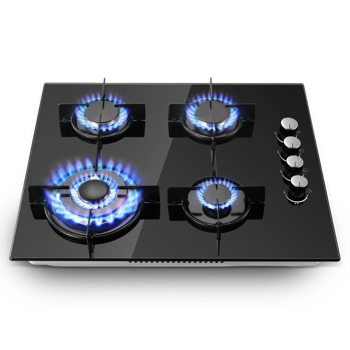 60 cm Gaskochfeld, 4 Brenner, 8000 W, Doppelkraftstoff (Erdgas/Propan), automatischer Flammenschutz, gehärtetes Glas, integriert/freistehend, 220–240 V