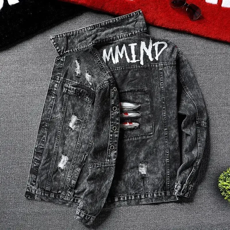 Jeans Mantel für Männer Hip Hop mit Druck zerrissenen Knopf schwarz Loch Jeans jacken Mann Größe l große Lxury getragen Cowgirl Fast Delvery g