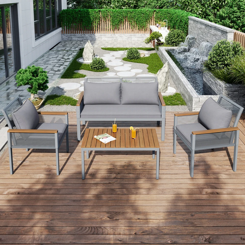 Garten-Lounge-Set, Gartenmöbel-Set mit Komfortablen Kissen, Doppelsofa, 2 Stühlen und Tisch, Rattan, Tisch und Stühle