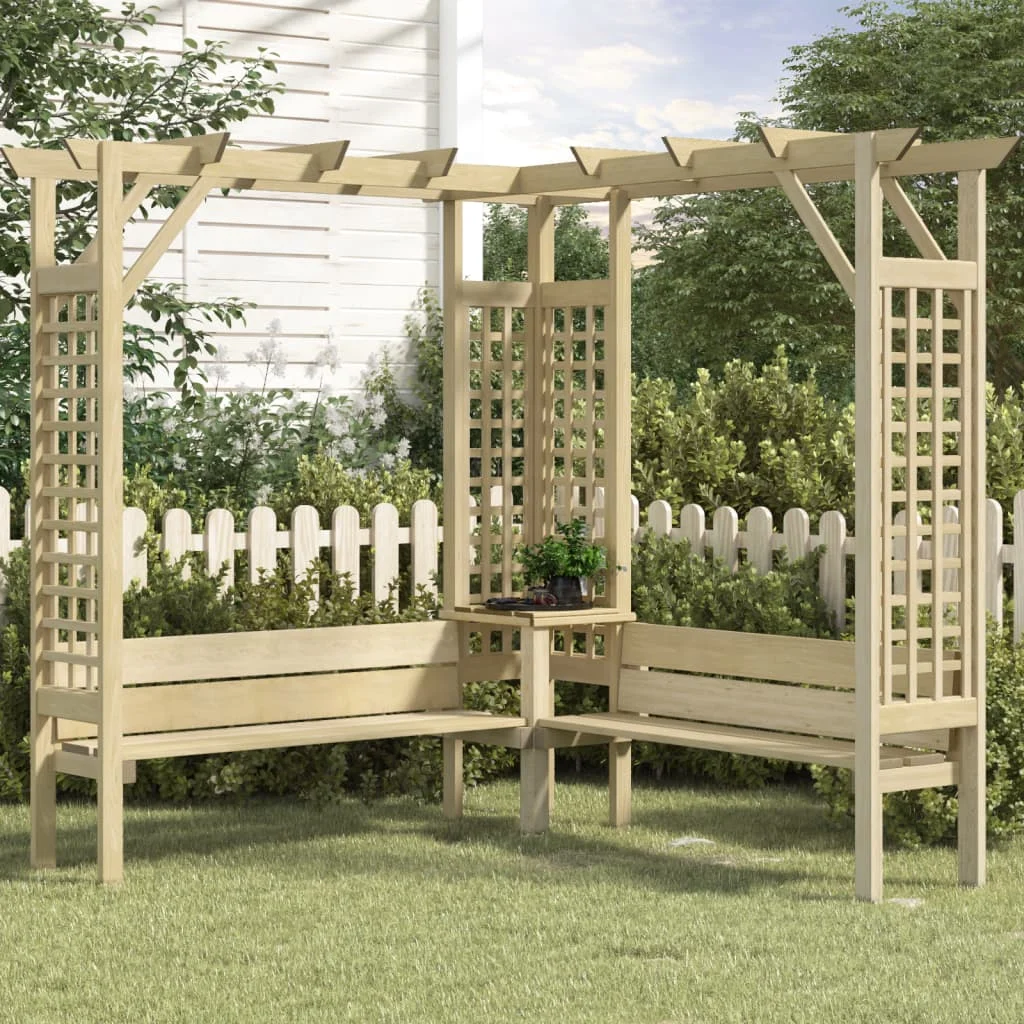 Eckpergola mit Bank. Imprägniertes Kiefernholz. Dekorative Gartenbögen für Blumen und Pergolen im Außenbereich
