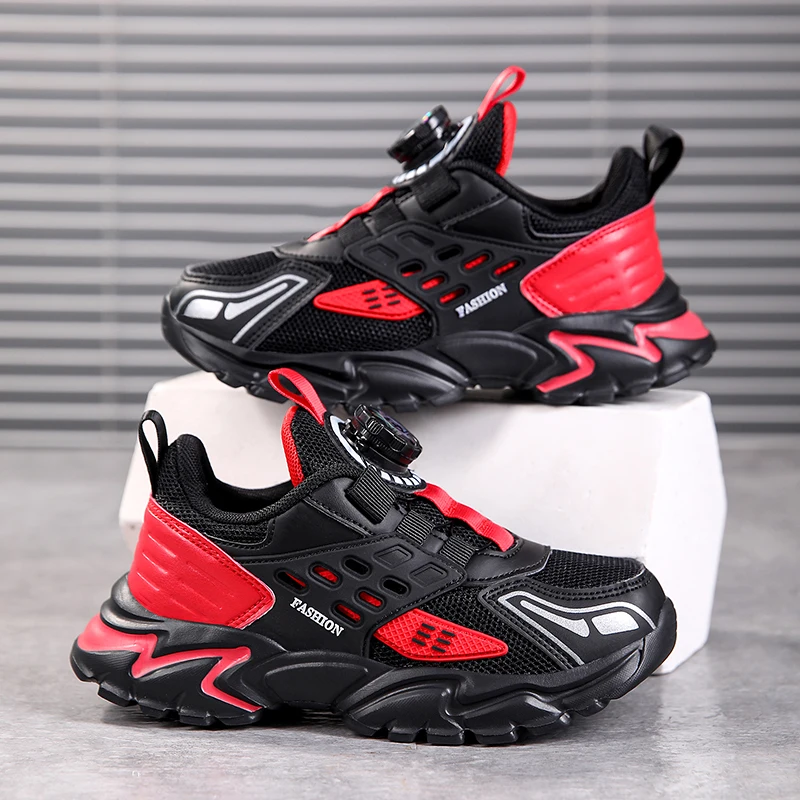 Jungen-Sneaker mit Drehknopf, atmungsaktives Mesh, rutschfeste Sportschuhe für Kinder, leichte, klobige Laufschuhe für Schule und Outdoor