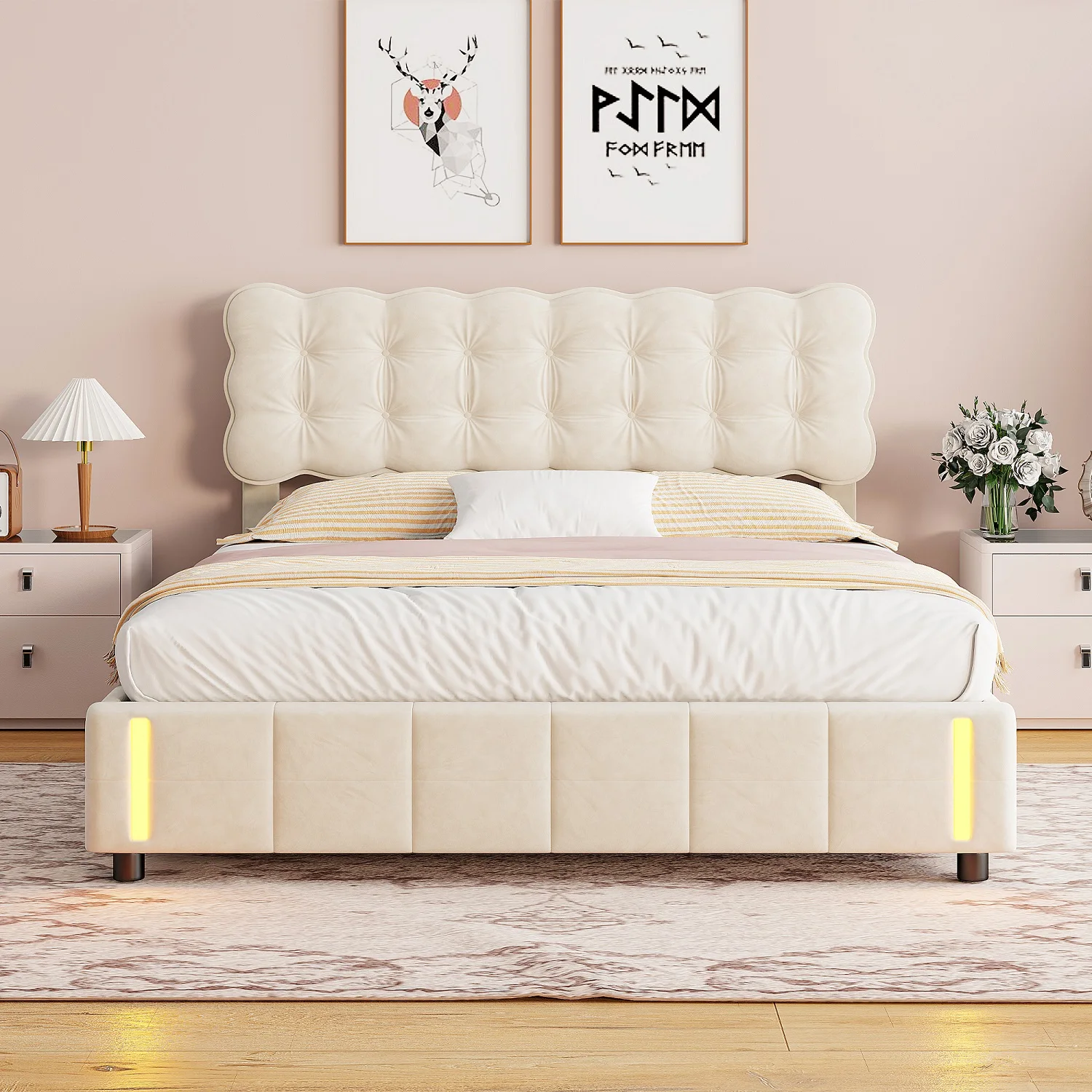 Doppelbett 140x200 cm mit LED-Beleuchtung, Polsterbett mit Stauraum und Lattenrost, Kopfteil, Stauraumbett, Beige, Samt