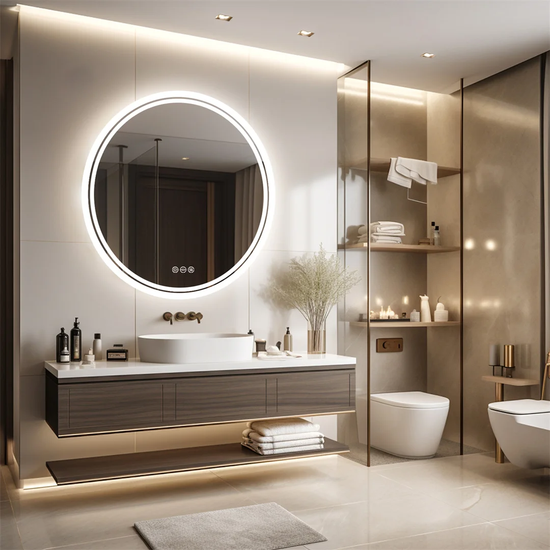 LUVODI 80cm Runder LED-Badezimmerspiegel Großer Hintergrundbeleuchteter Touch-Ein/Aus Dimmbarer Antibeschlag-Wandspiegel für Badezimmer