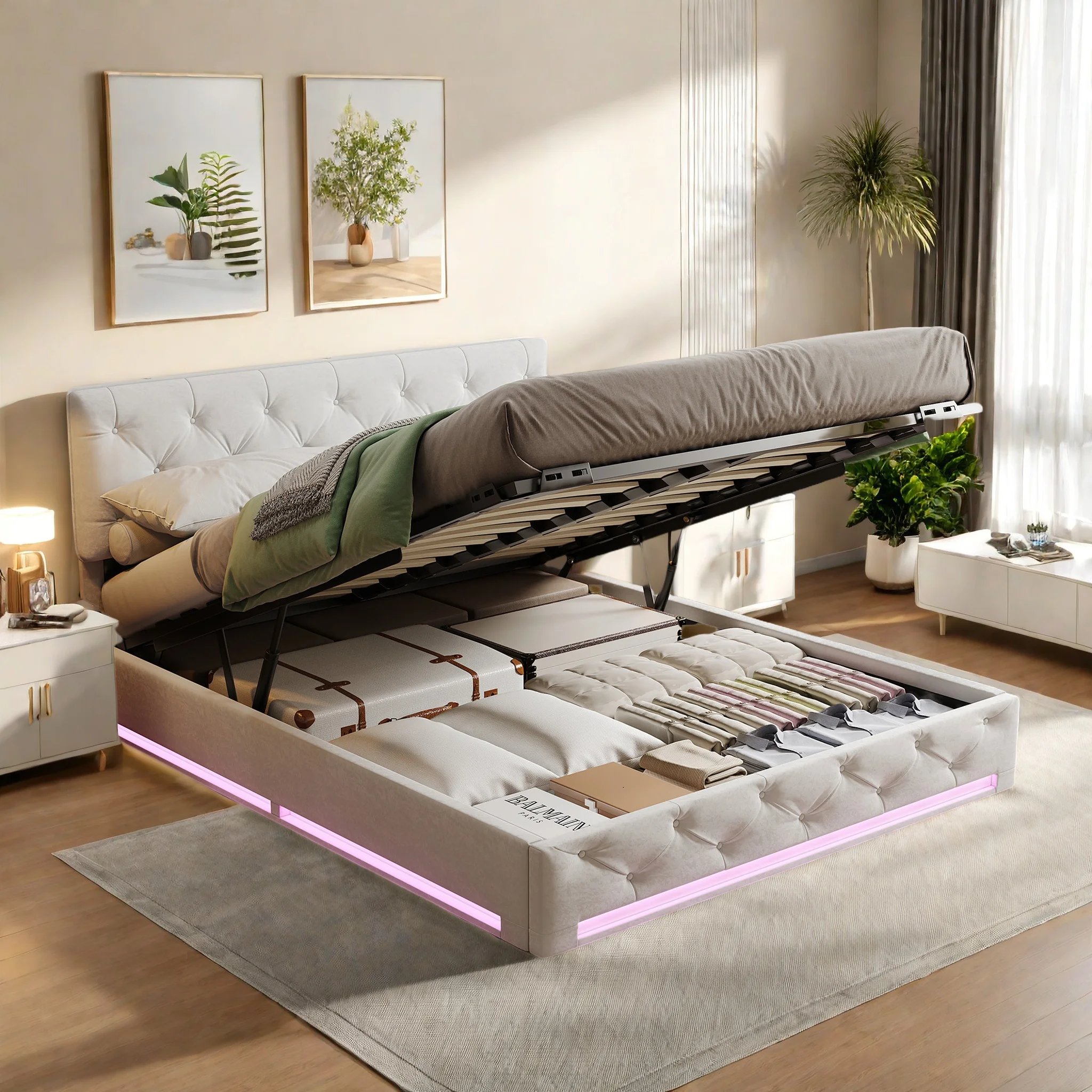 Hydraulisches Stauraumbett 160x200 cm mit Bettkasten, Polsterbett Doppelbett mit Stauraum, LED Bett mit Lattenrost, verstellbares Kopfteil, Jugendbett Funktionsbett Flanell Beige ohne Matratze modern