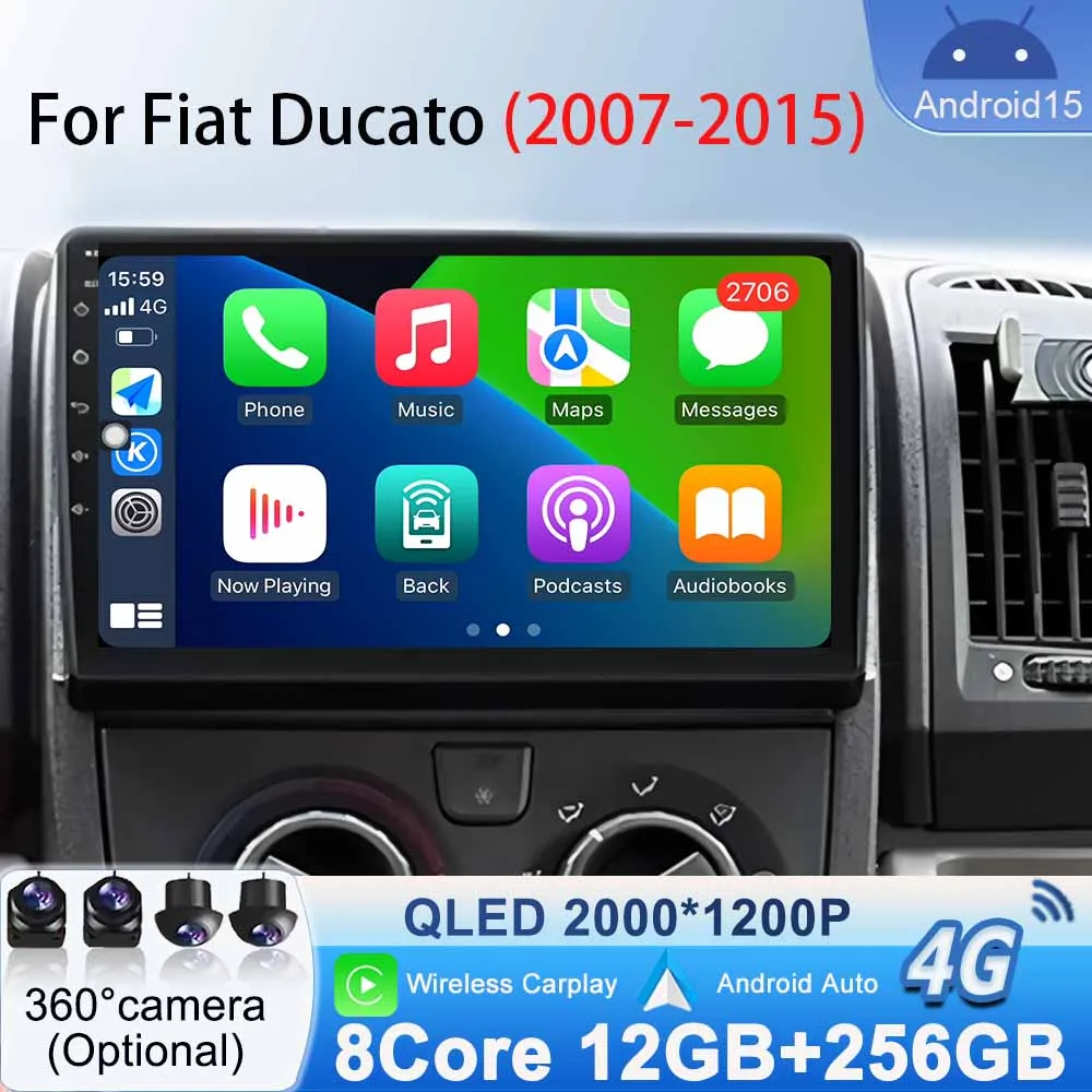 Video-Player Carplay Autoradio für Fiat Ducato 2007 2008 2009 2010 2011 2012–2015 Android 15 Stereo Multimedia BT Auto Android Image