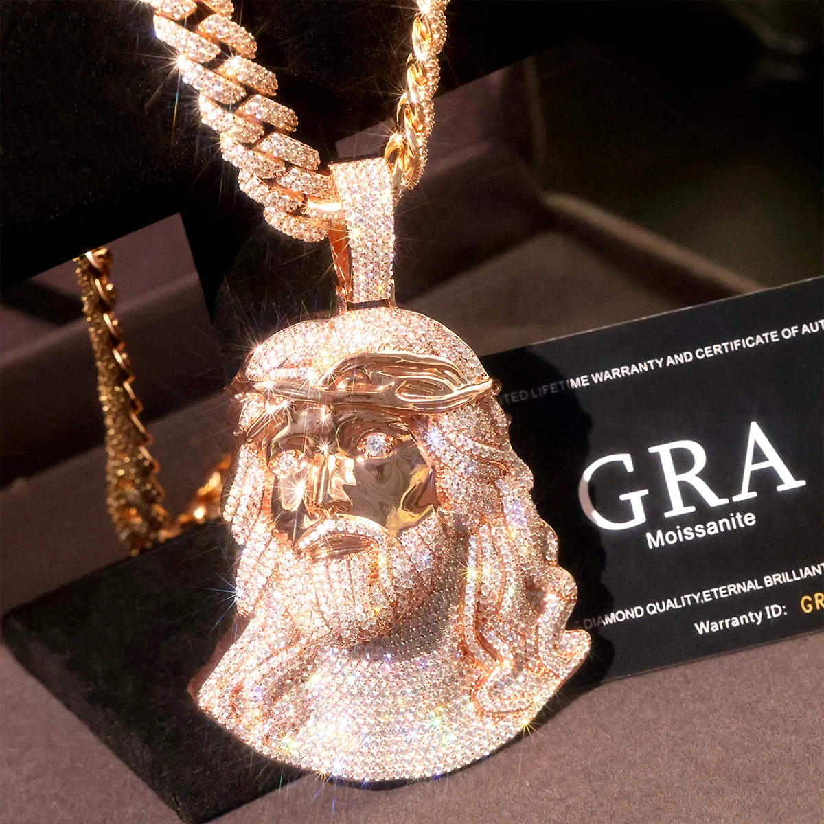 Premium Iced Out 3D Jesus-Kopf-Anhänger-Halskette, Cuban Link Kette, Hip-Hop Luxus-Schmuck, Bling Religiöser Anhänger, Rapper