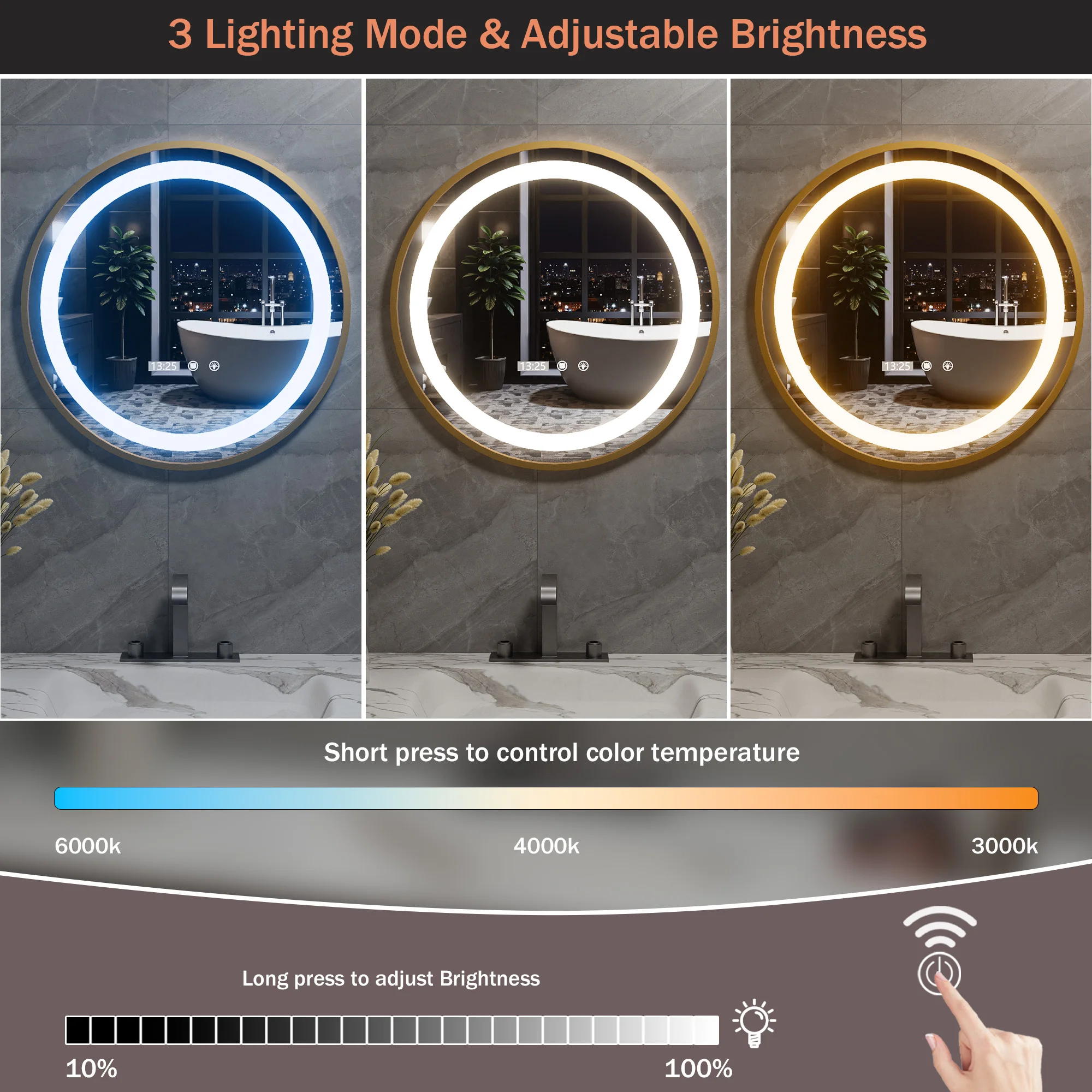 50 cm runder Make-up-Spiegel für Badezimmer, Pflege, Wohnmöbel, EU-Stecker, LED-Spiegel, dimmbar, 3 Beleuchtungsmodi, Touch-Steuerung