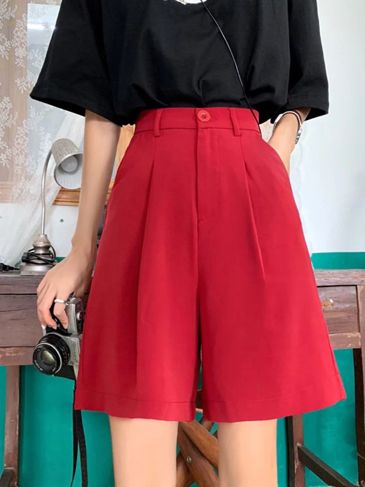 Lose Plus Größe Sommer Shorts Frau Streetwear Breite Bein Schwarz Rot Shorts Frauen Elastische Taille Freund Bermuda Kurze Femme Hosen