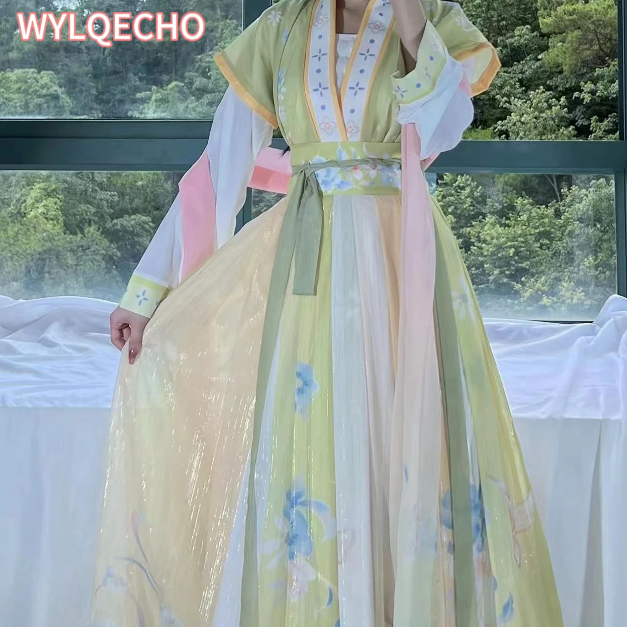 Chinesisches traditionelles Hanfu-Grün-Gelb-Kostüm für Damen, antikes Kleid, orientalisches Prinzessinnenkleid, Eleganz, Tang-Dynastie, Tanzkleidung