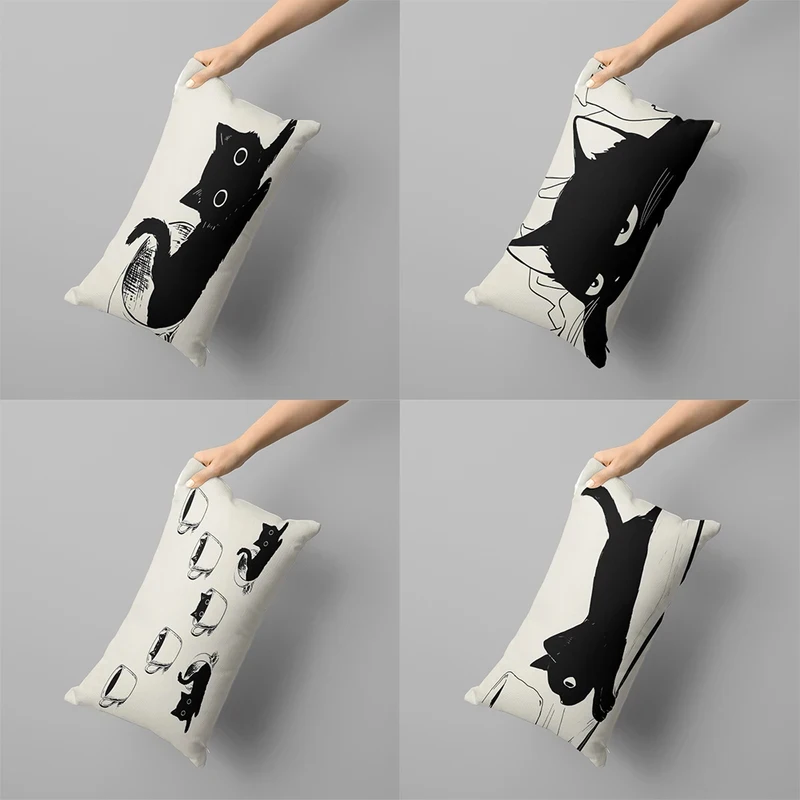 VIKAMA Lazy Black Cat Kissenbezug, Cartoon-Kätzchen, dekorativer Kissenbezug für Kinderzimmer, Schlafzimmer, Sofa, Heimdekoration Image