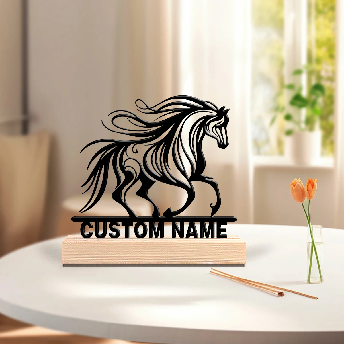 1 Stück Personalisierte Pferde-Metallstatue mit Holzsockel Tischdekoration Hängende Metall- & Holzdekoration für Kinderzimmer