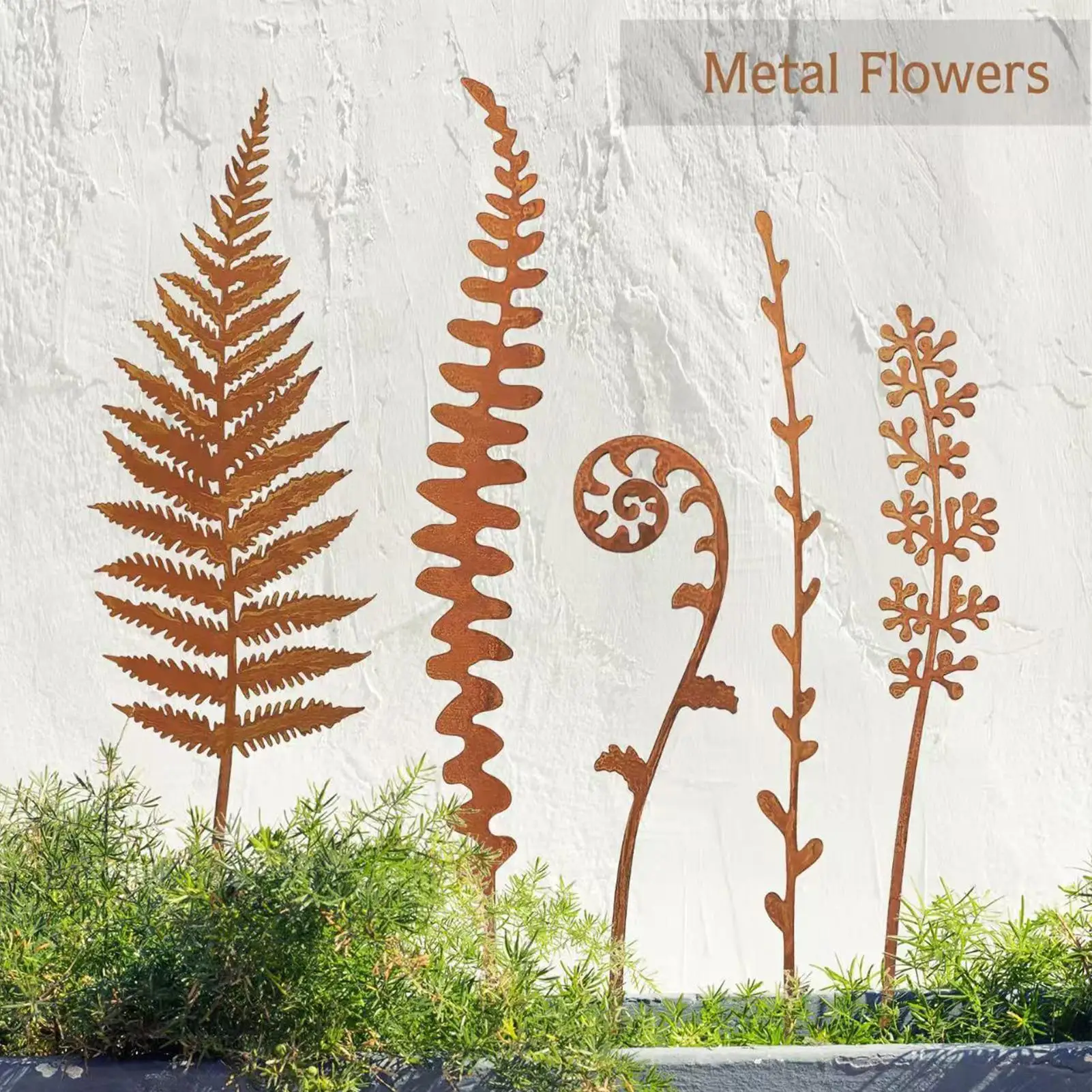 Piquet de jardin en feuilles de fougère rouillées, 5 pièces, Bouquet en métal, piquet de plante en métal rouillé, Art de jardin extérieur, décoration de maison et de jardin, ornement