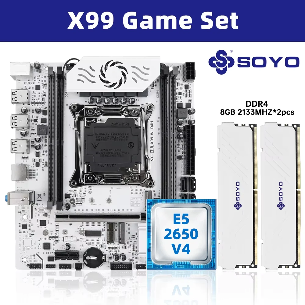SOYO X99 – ensemble de carte mère de jeu avec E5-2650 V4 + double canal DDR4 8GB * 2, RAM blanche M.2 NVME PCIE3.0 SATA pour ordinateur de bureau
