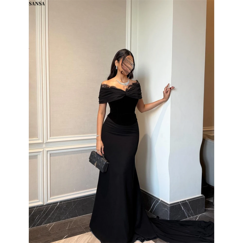 Robe de bal sirène noire personnalisée Sansa, épaules dénudées, dos nu, sans manches, élégante, longueur ras du sol, pour soirée formelle