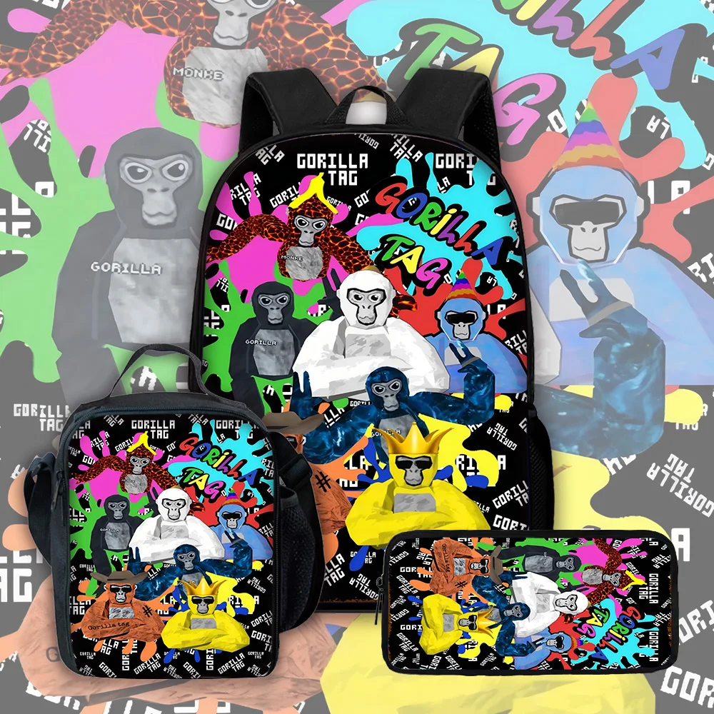 Sac à dos d'école pour enfants avec sacs à déjeuner, sacs à crayons, sacs d'école pour garçons et filles, meilleur cadeau, nouveauté amusante de dessin animé, Gorilla tag
