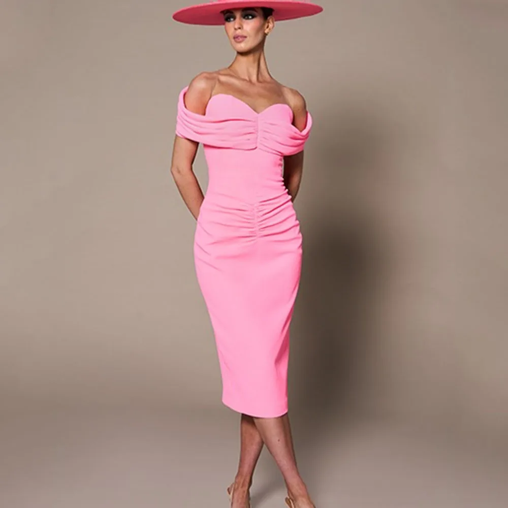 Customized Modern Cocktail Dress 2026 Off the Shoulder Illusion O Neck Birthday Dresses Column Tea Length Pink Formal Party Gown