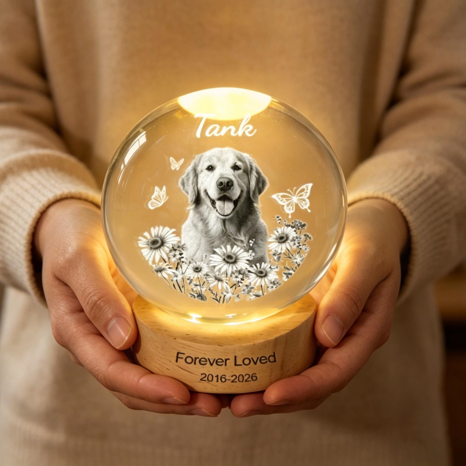 Luce notturna commemorativa personalizzata con foto del cane, luce notturna con sfera di cristallo e ritratto dell'animale, luce di cristallo con foto