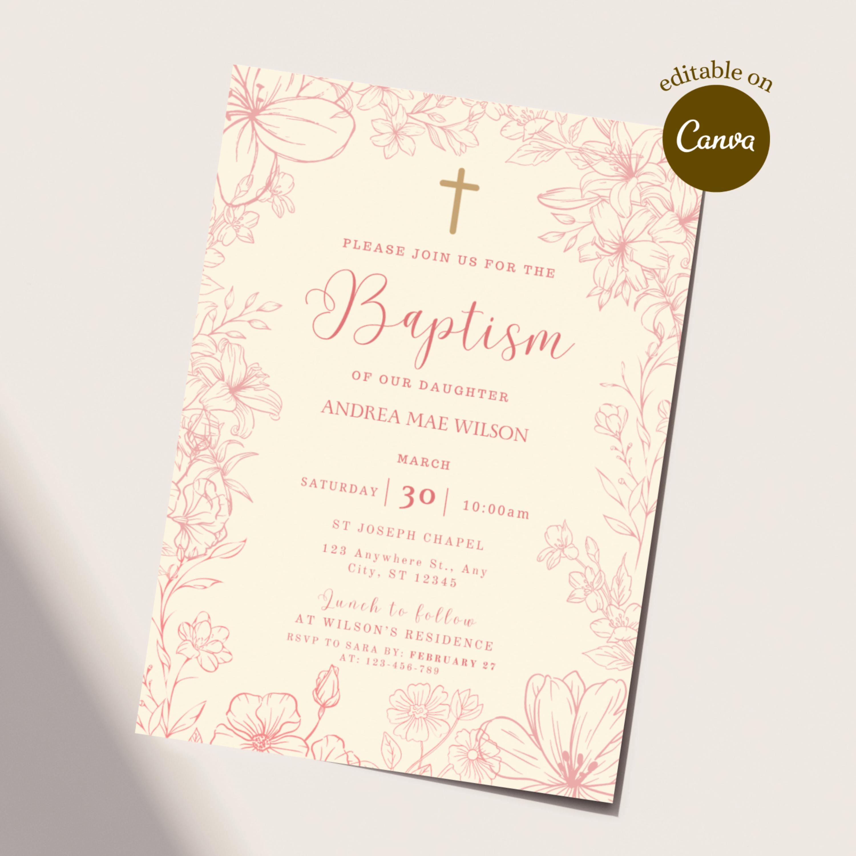 Invito per battesimo rosa, invito per battesimo floreale vintage, invito per battesimo per bambina con fiori rosa, invito per battesimo civettuolo, in