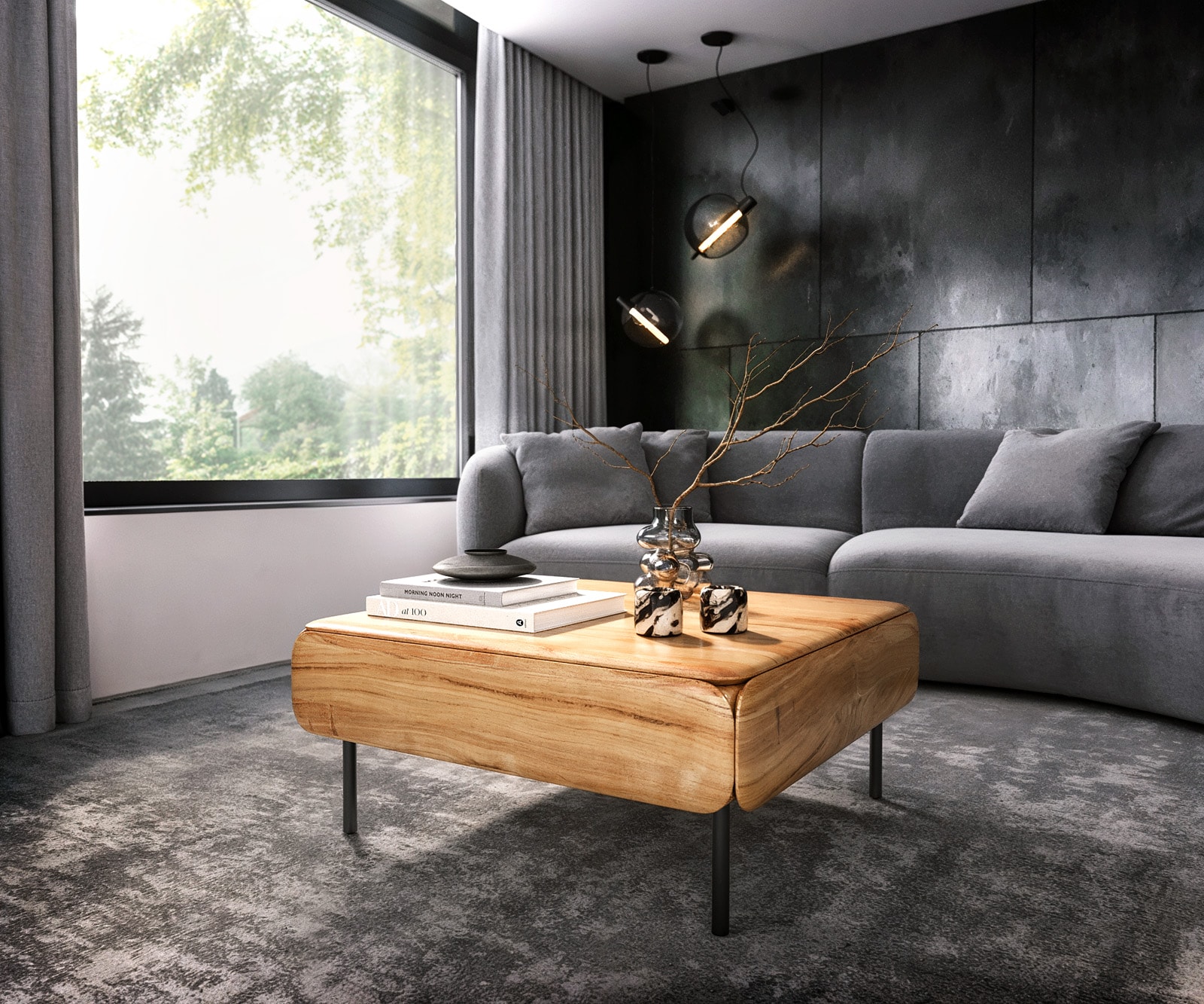 DELIFE Couchtisch Shavani 90x90 cm Akazie Natur 2 Schubladen Metall Schwarz, Couchtische Image