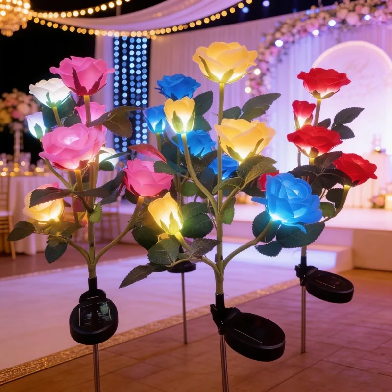 5 Heads Rose Solar Lawn Lamp Outdoor Decorative Solar Garden Lights Rose Flower Fairy Light for Christmas Wedding Garden Decor
