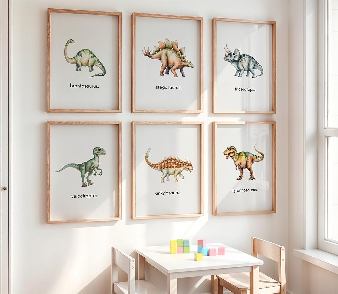 Set di 6 stampe di dinosauri per bambini - Arte murale per la cameretta dei bambini - Decorazione per la cameretta dei dinosauri - Poster T-Rex - Arte