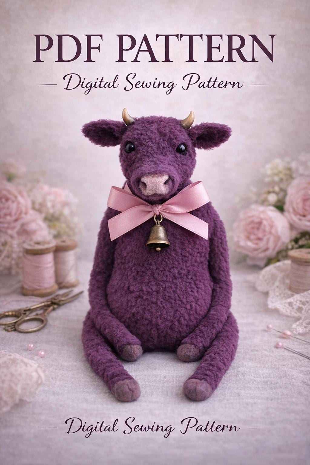 Modello di cucito di peluche di mucca in PDF, modello di giocattolo di peluche di mucca, peluche di mucca fai da te, modello di peluche di animali da