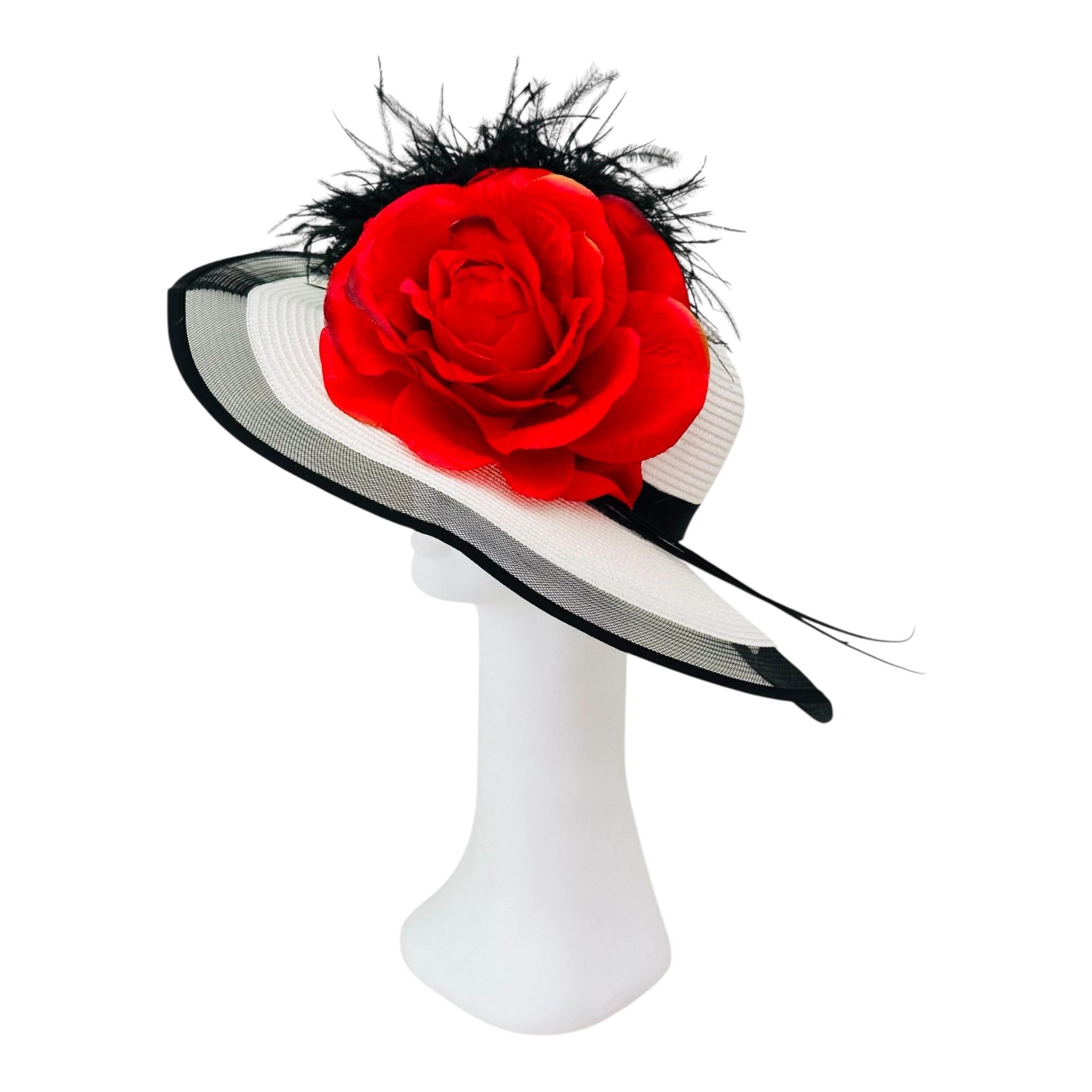 Cappello Derby bianco e nero, cappello Kentucky Derby, cappello Derby a tesa larga, cappello per matrimonio in chiesa, cappello Derby bianco, nero con