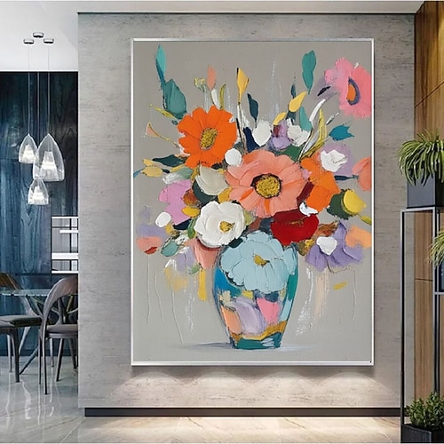 Handgemaltes, farbenfrohes Blumenwandbild, üppiger Blumenstrauß, Acrylmalerei, farbenfrohe abstrakte Vase, Leinwandbild fürs Schlafzimmer Image