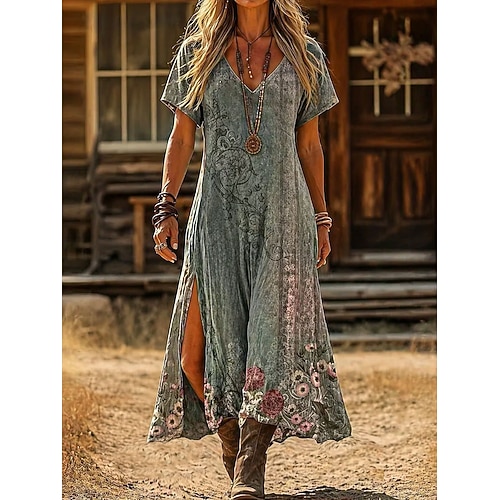 Damen Midikleid A Linie Kleid Lässig Strand Normale Passform Blumen Grafik Kurzarm V Ausschnitt Blau Rosa Grün Sommer Frühling Image