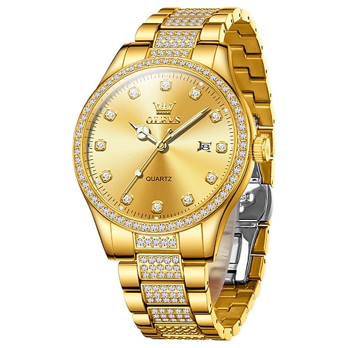 Luxuriöse Herren-Quarzuhr – zweifarbige, goldfarbene Edelstahl-Armbanduhr mit Diamantlünette Armband, schwarzes Zifferblatt mit Datumsanzeige, wasserdicht, modisches Business-Geschenk für Männer, Image