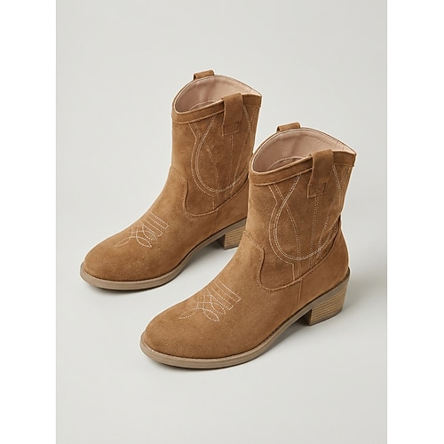Damen-Westernstiefeletten aus taupefarbenem Wildleder – klassische Cowboy-Stiefeletten mit Stickerei Blockabsatz für Open-Air-Musikfestivals und Country-Konzerte Boho-Stil Image