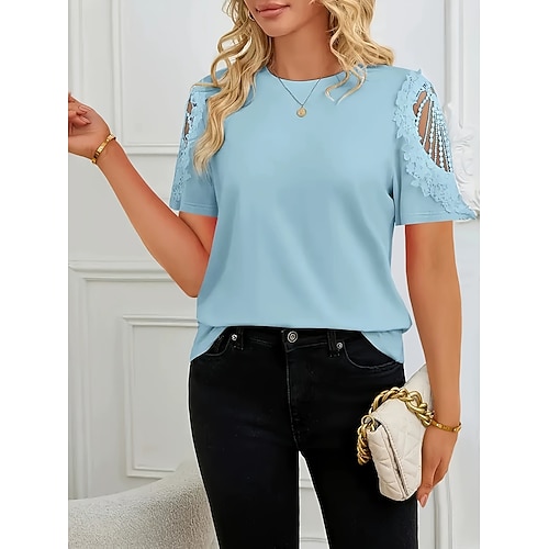 Damen Elegant Tunika T Shirt Spitze Lochmuster Einfach Mode Lässig Kurzarm Rundhals Lange Oberteile Lässig Blau Schwarz Weiß Rosa Purpur Sommer Frühling Image