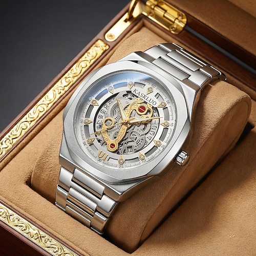 Skelett-Herrenuhr, luxuriöse Business-Armbanduhr aus zweifarbigem Edelstahl, wasserdichte, modische Analoguhr mit Geschenkbox, elegantes Geschenk für Ehemann, Vater oder Sohn, silber und gold Image