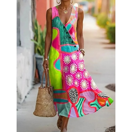 Damen Midikleid Boho-Kleid Hemdblusenkleid Sommerkleid Elegant Bohemien Ethnisch Strand Ferien Normale Passform Blumen Grafik Abstrakt Ärmellos V Ausschnitt Rosa Grün Beige Sommer Frühling Image