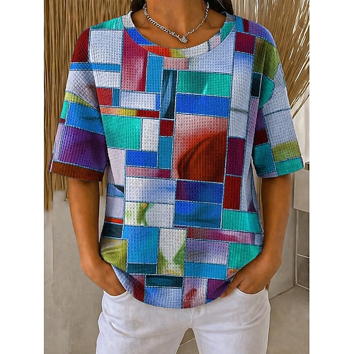 Damen Waffel T-Shirt Stricktops mit Textur T Shirt Sommeroberteile Überschnittene Schulter Druck Grafik Geometrisch Vintage Stilvoll Klassisch Kurzarm Rundhalsausschnitt Rundhals Normale Oberteile Image