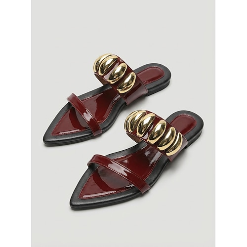 Goldfarbene, flache Metallic-Sandalen für Damen – zum Hineinschlüpfen, offener Zehenbereich, perfekt für Urlaub und Abendessen Abendschuhe fürs Resort Image