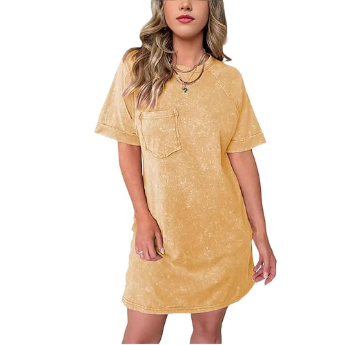 Damen Knielanges Kleid Gewaschenes Kleid Vintage-Kleid Freizeitkleid Mode Basic Täglich Outdoor Urlaub Normale Passform Einfach Kurzarm Rundhalsausschnitt Stehkragen Blau Erröten Sie Rosa Gelb Purpur Image