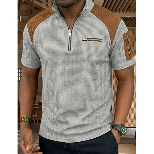 Herren Waffel-Poloshirts Poloshirts Lässig Täglich Viertelreißverschluss Kurzarm Mode Basic Farbblock Reißverschluss Leicht Sommer Frühling Normale Passform Schwarz Weiß Marineblau Kaki Grau