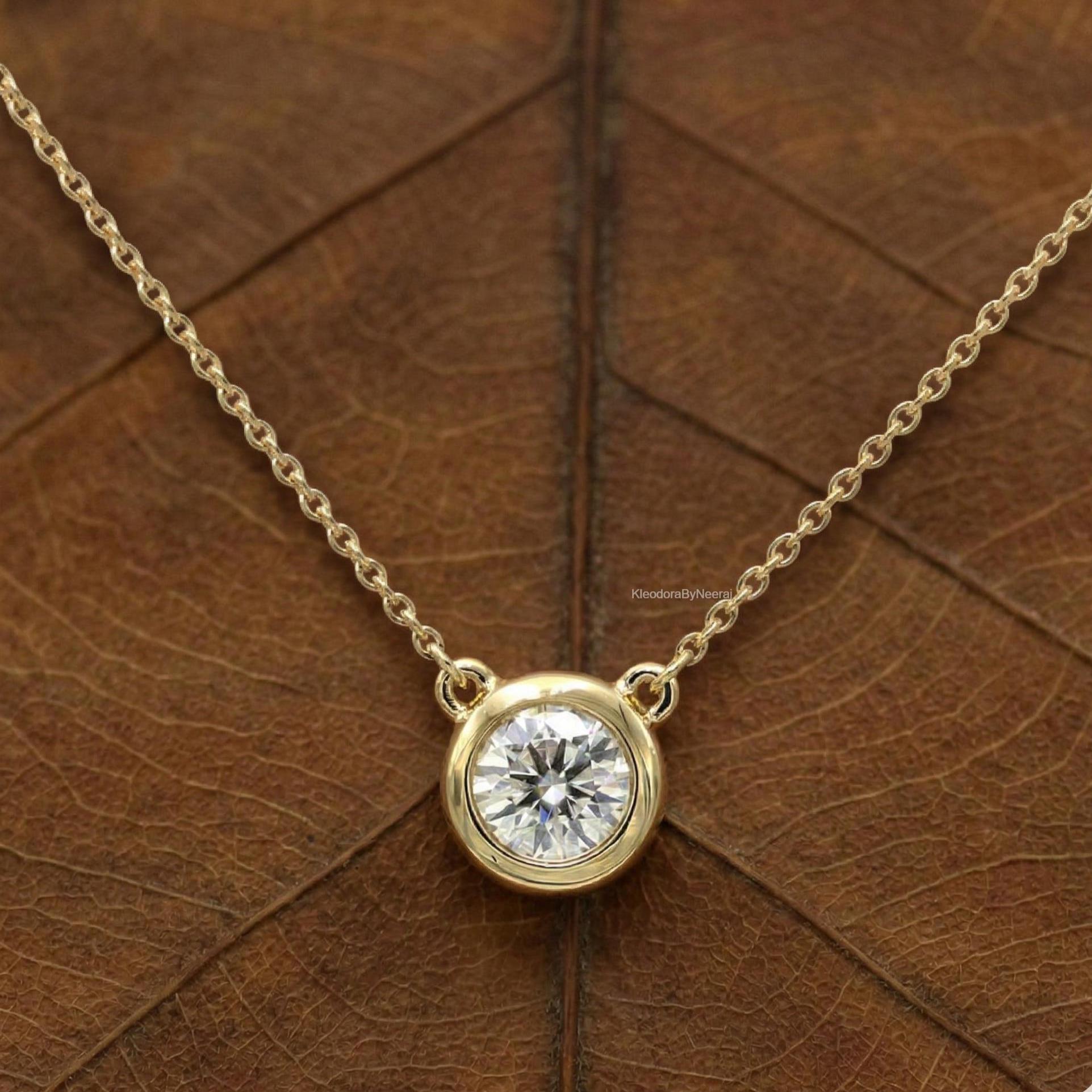 18K Gelbgold 0,5 Karat / 1 Karat Moissanit Bezel Setting Halskette / 14K Solid Gelbgold 0,5 Karat / Moissanit Solitär Halskette