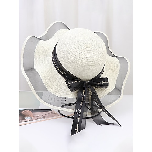 Cappello da sole bohémien da donna in paglia, cappello da spiaggia morbido, pieghevole, multicolore, con tesa larga, bordo ondulato e fiocco, ideale per vacanze, viaggi, stile resort e abbigliamento