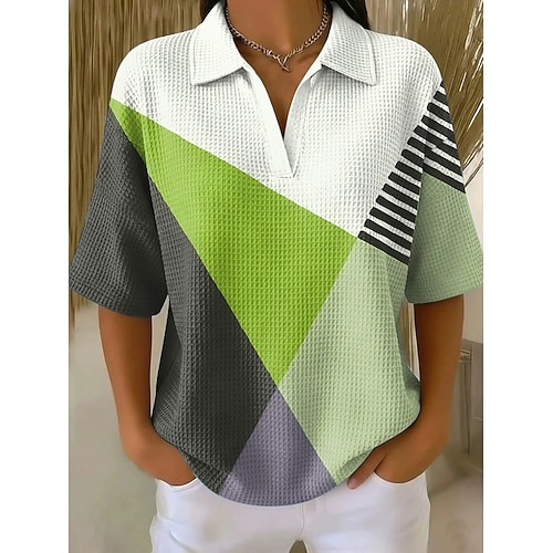 Per donna Maglietta Waffle Top a maglia con texture Grafico Geometrico Elegante Vintage Mezza Manica Colletto Polo Top Regolari Casuale Quotidiano Blu Giallo Viola Verde Estate Primavera
