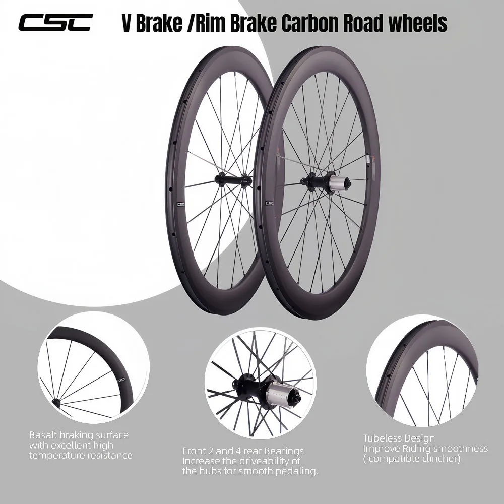Set di ruote in carbonio per bici da corsa CSC 700C, profondità 38 mm, larghezza 25 mm, Clincher Tubeless, freno a 4 poli, per bici da strada, 1280 g, approvato UCI