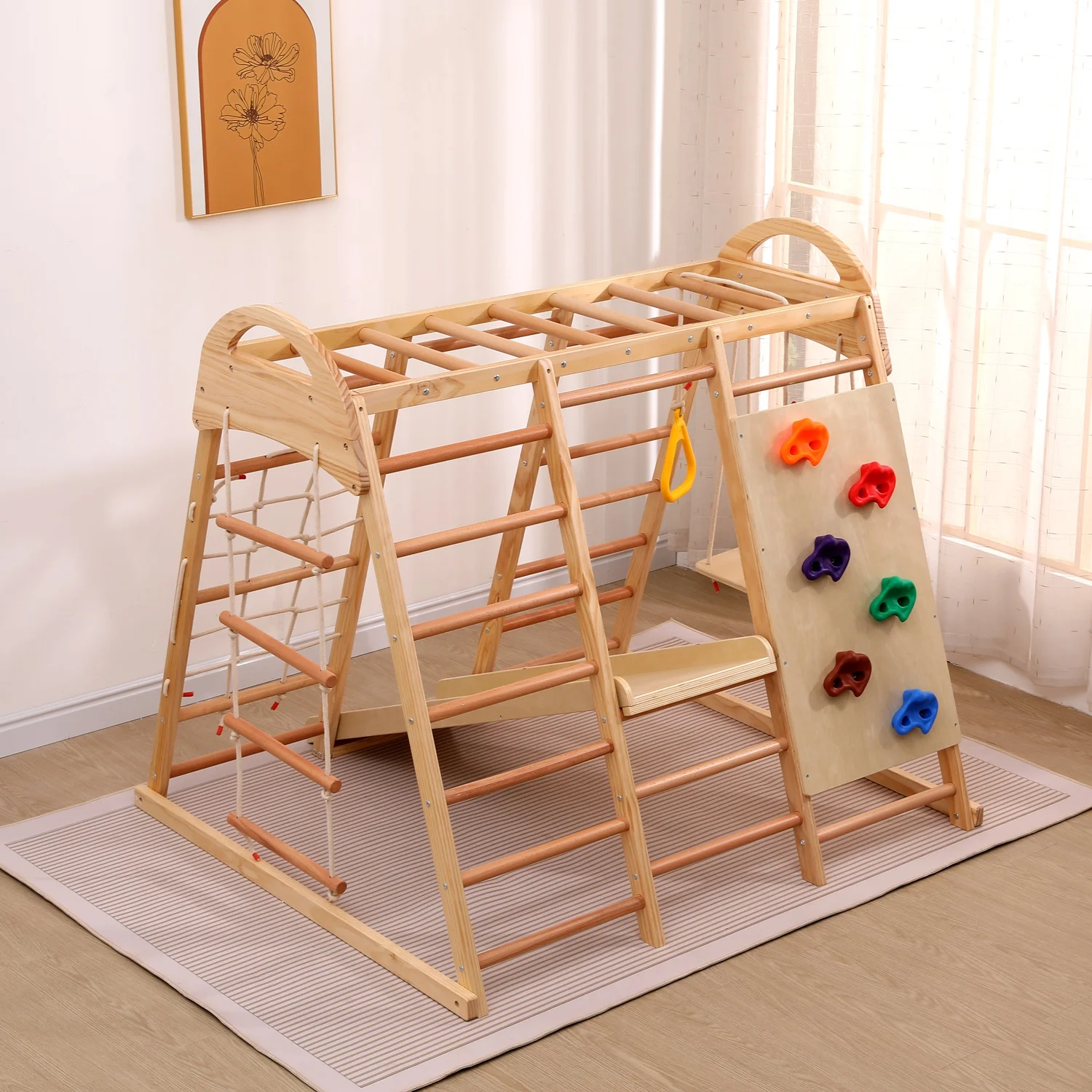 7-in-1 Multifunctional Climbing Frame, Swing, climbing ladder+net+stones, Indoor Playground Sports Toy Tent House, for Kids 3+ Image